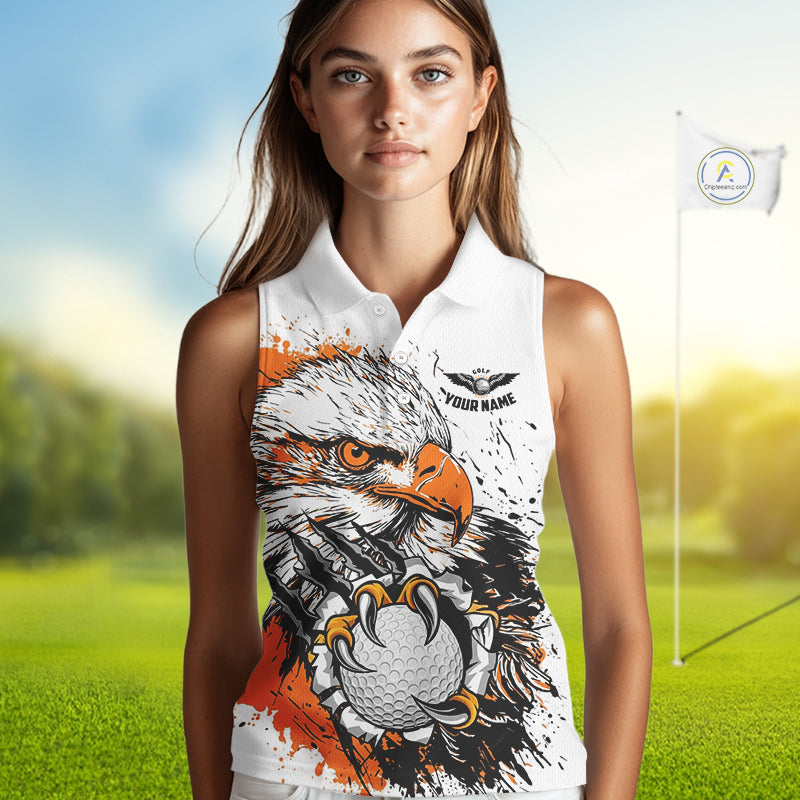 Sleeveless Golf Polo Shirt Custom Orange And White Grunge Eagle Grasping Golf Ball, Golf Gifts