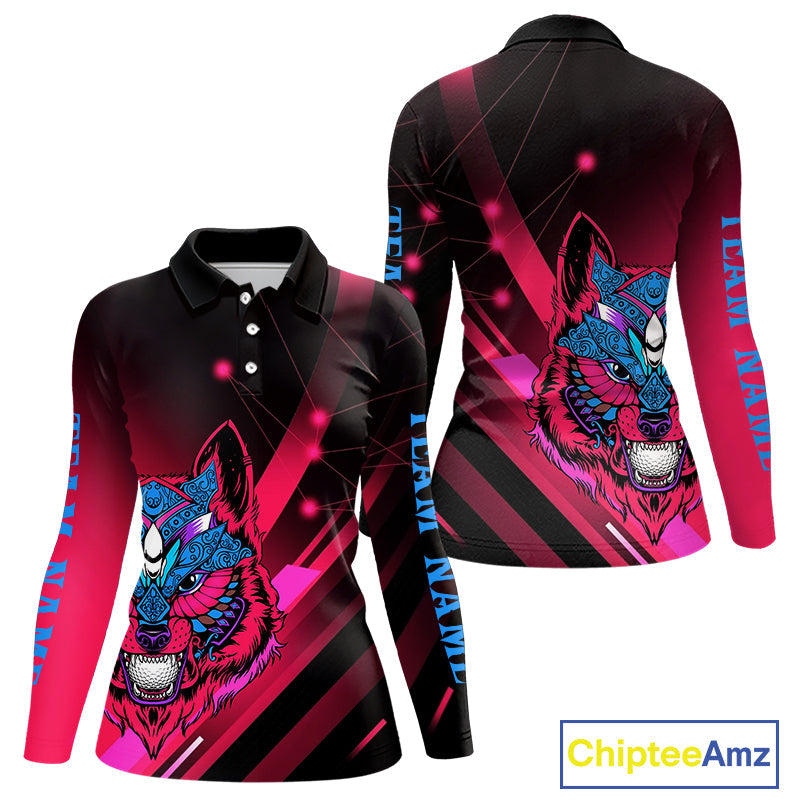 Funny Pink Wolf Long Sleeve Polo Golf Shirts Custom Golf Ball Golf Shirt For Team Jersey