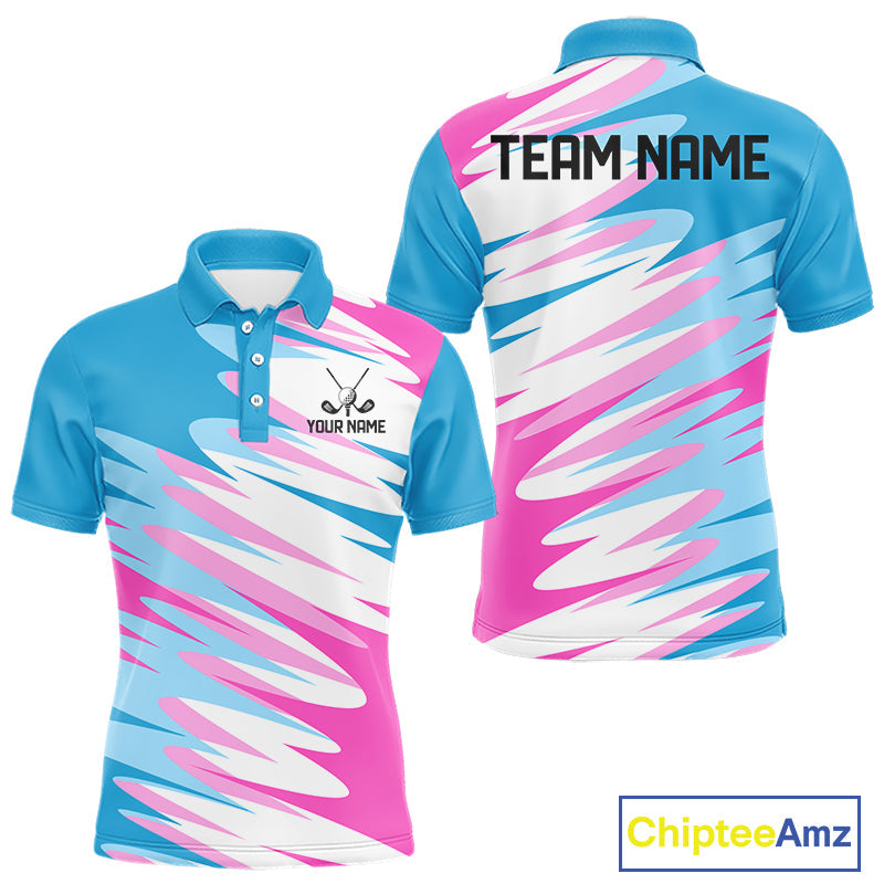 Golf Polo Shirt Custom Blue And Pink Golf Shirt, White Team Golf Shirts Personalized