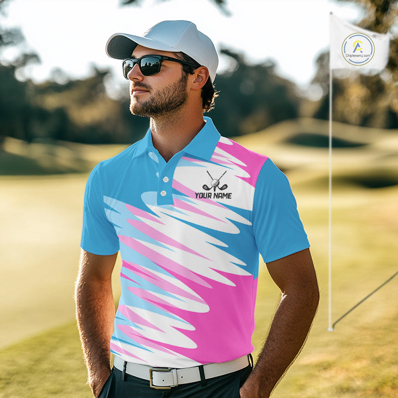 Golf Polo Shirt Custom Blue And Pink Golf Shirt, White Team Golf Shirts Personalized
