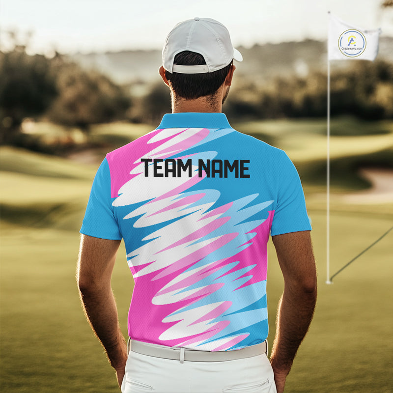Golf Polo Shirt Custom Blue And Pink Golf Shirt, White Team Golf Shirts Personalized