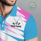 Golf Polo Shirt Custom Blue And Pink Golf Shirt, White Team Golf Shirts Personalized
