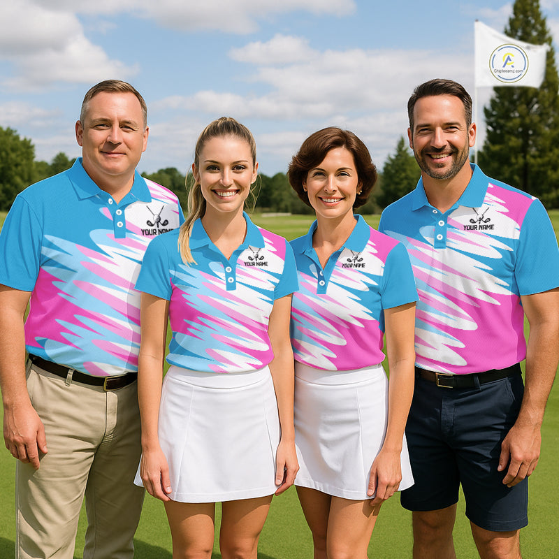 Golf Polo Shirt Custom Blue And Pink Golf Shirt, White Team Golf Shirts Personalized