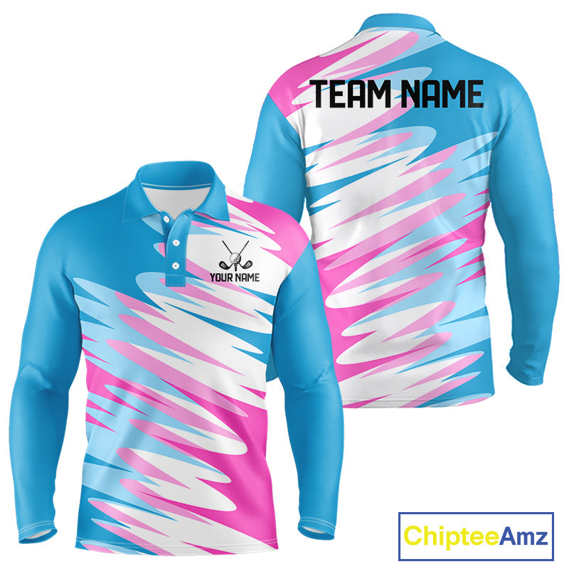 Long Sleeve Golf Polo Shirt Custom Blue And Pink Golf Shirt Personalized White Team Golf Shirts