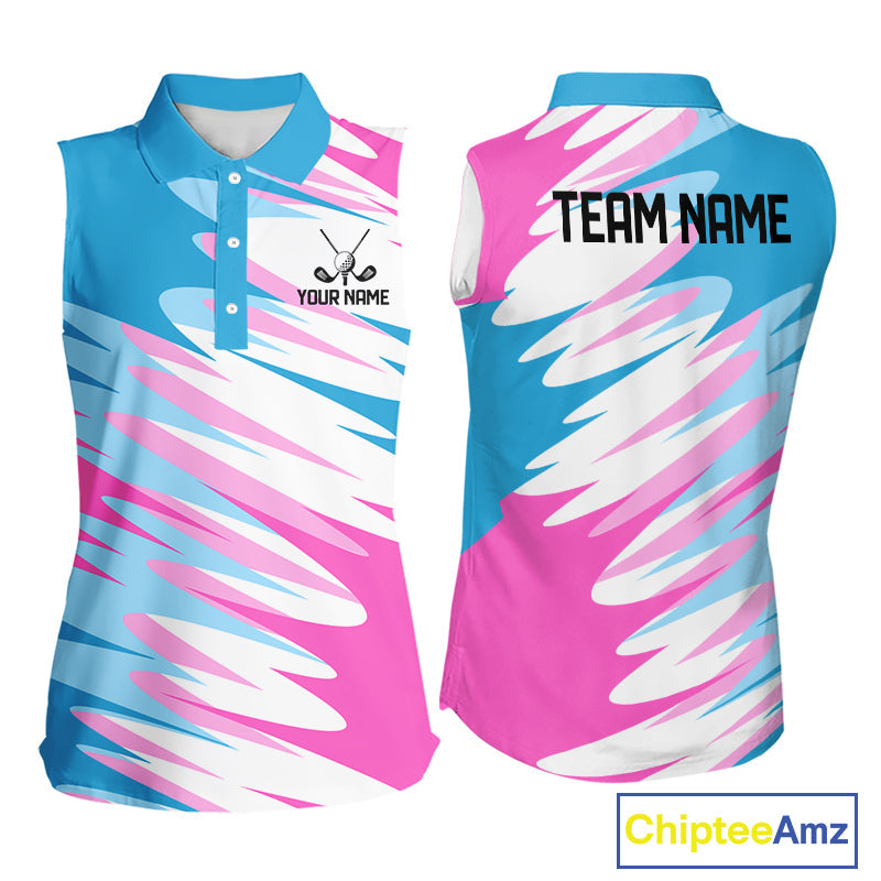 Sleeveless Golf Polo Shirt Custom Blue And Pink Golf Shirt Personalized White Team Golf Shirts