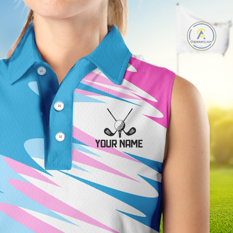 Sleeveless Golf Polo Shirt Custom Blue And Pink Golf Shirt Personalized White Team Golf Shirts