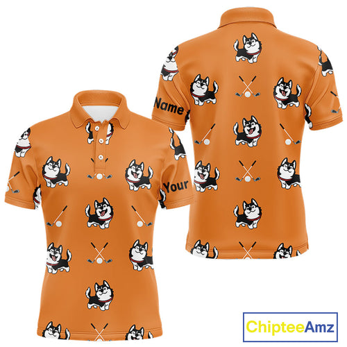Golf Polo Shirt Custom Funny Husky Orange Pattern Team Golf Tops, Dog Lover Gift