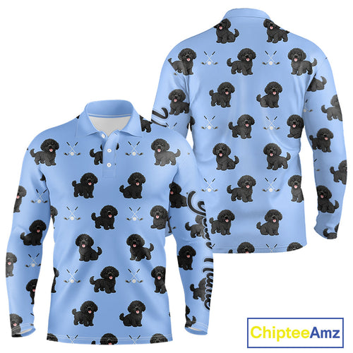 Long Sleeve Golf Polo Shirt Custom Funny Poodle Blue Pattern Team Golf Tops, Dog Lover Gift