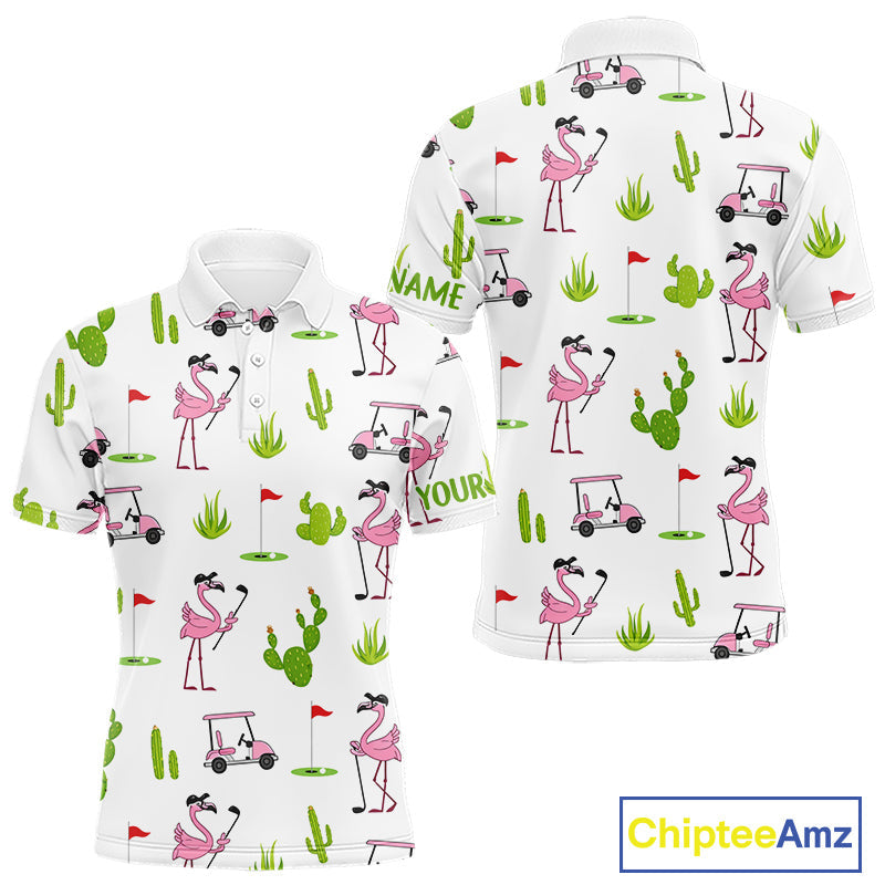 Flamingo Cactus Desert Pattern Golf Polo Shirts Custom Cactus Golf Shirt Personalized