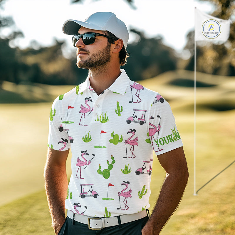 Flamingo Cactus Desert Pattern Golf Polo Shirts Custom Cactus Golf Shirt Personalized