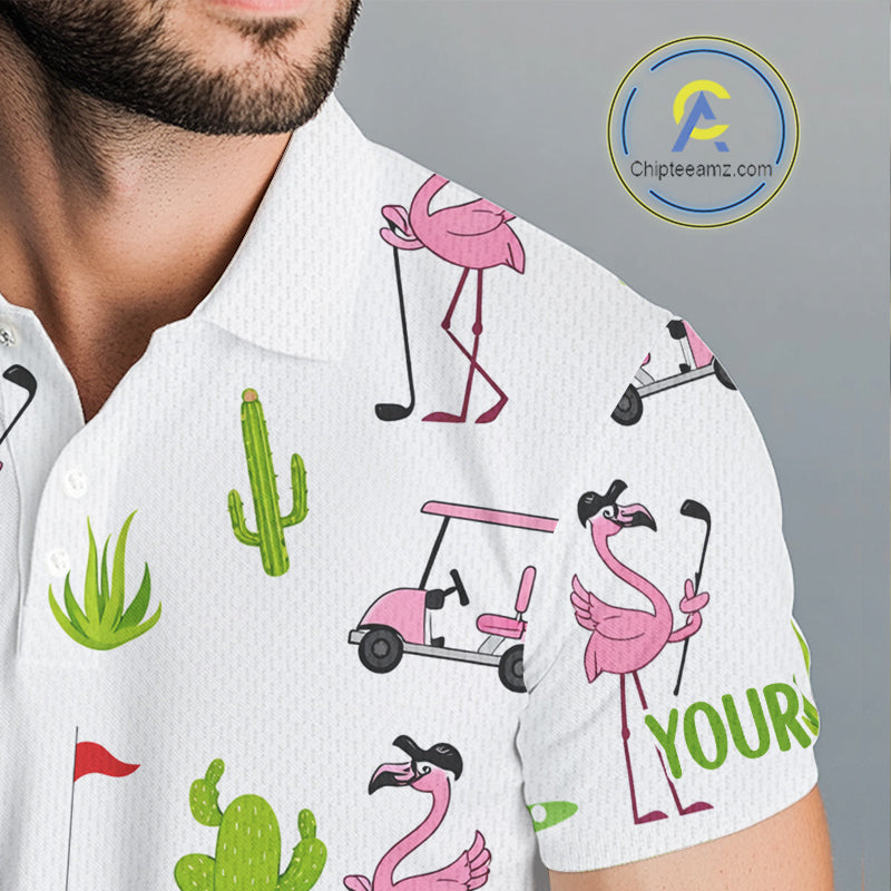 Flamingo Cactus Desert Pattern Golf Polo Shirts Custom Cactus Golf Shirt Personalized