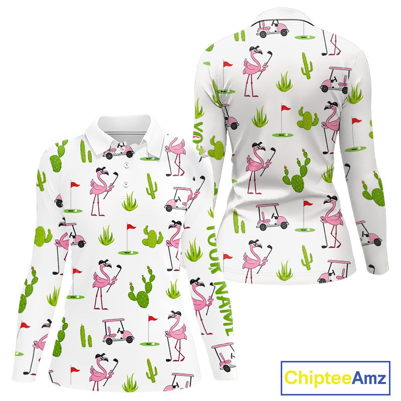 Flamingo Cactus Desert Pattern Long Sleeve Golf Polo Shirt Custom Cactus Golf Shirt