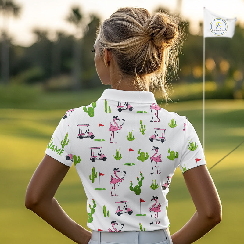 Flamingo Cactus Desert Pattern Golf Polo Shirts Custom Cactus Golf Shirt Personalized