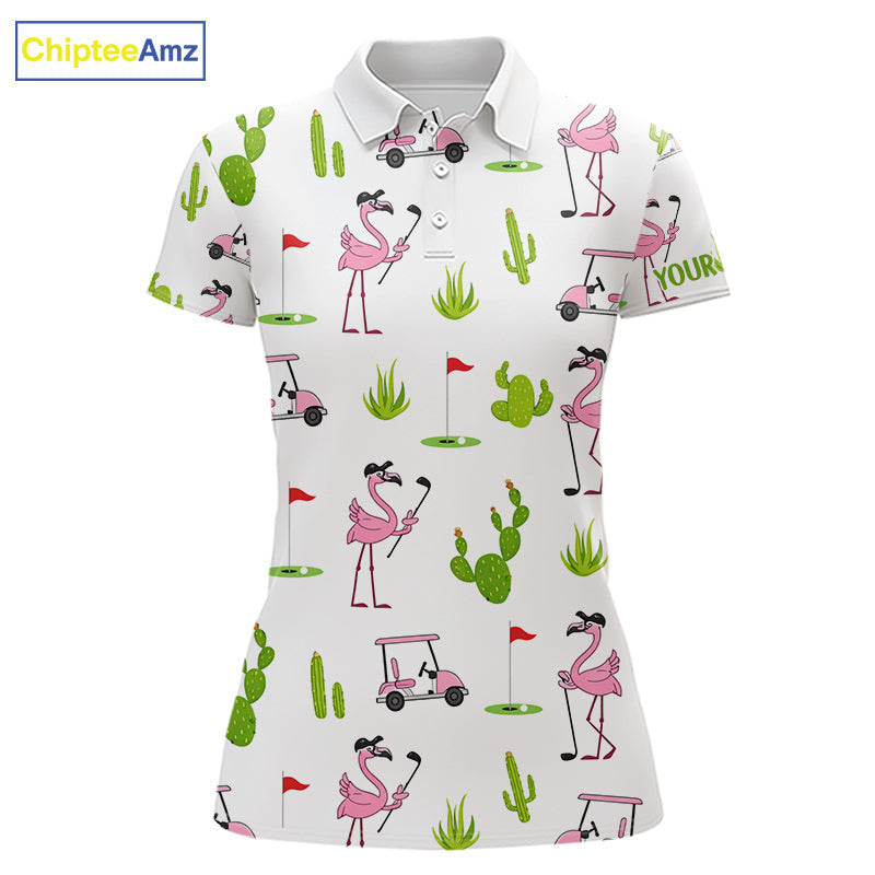 Flamingo Cactus Desert Pattern Golf Polo Shirts Custom Cactus Golf Shirt Personalized