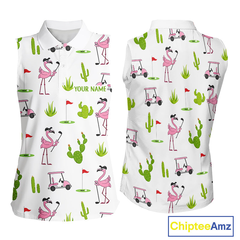 Flamingo Cactus Desert Pattern Sleeveless Golf Polo Shirt Custom Cactus Golf Shirt