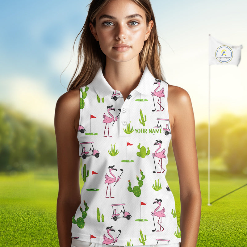 Flamingo Cactus Desert Pattern Sleeveless Golf Polo Shirt Custom Cactus Golf Shirt