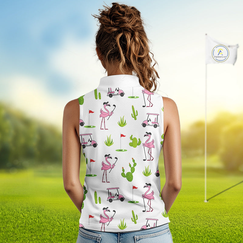 Flamingo Cactus Desert Pattern Sleeveless Golf Polo Shirt Custom Cactus Golf Shirt