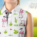 Flamingo Cactus Desert Pattern Sleeveless Golf Polo Shirt Custom Cactus Golf Shirt