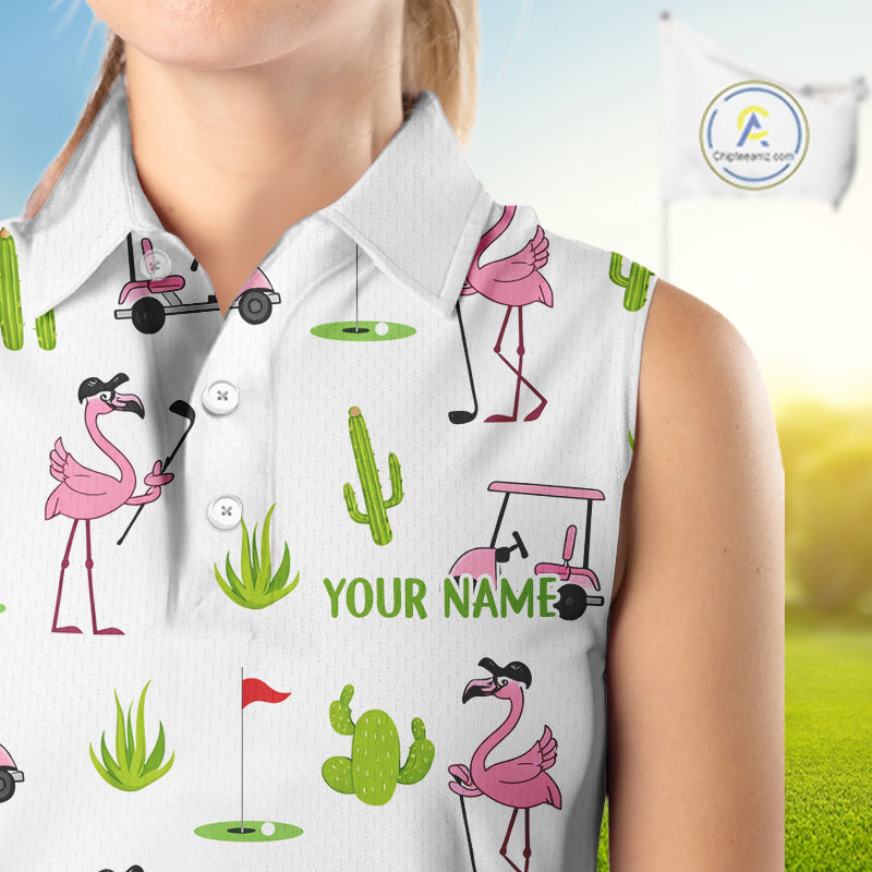 Flamingo Cactus Desert Pattern Sleeveless Golf Polo Shirt Custom Cactus Golf Shirt