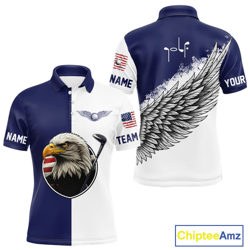 American Flag Eagle Golf Polo Shirts Custom Patriotic Eagle Blue & White Golf Attire