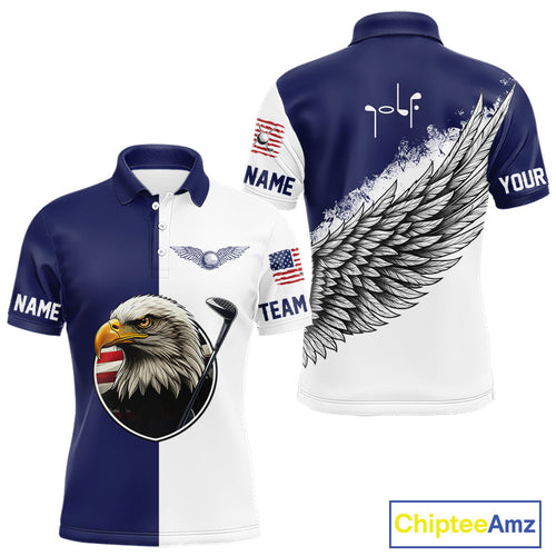 American Flag Eagle Golf Polo Shirts Custom Patriotic Eagle Blue & White Golf Attire