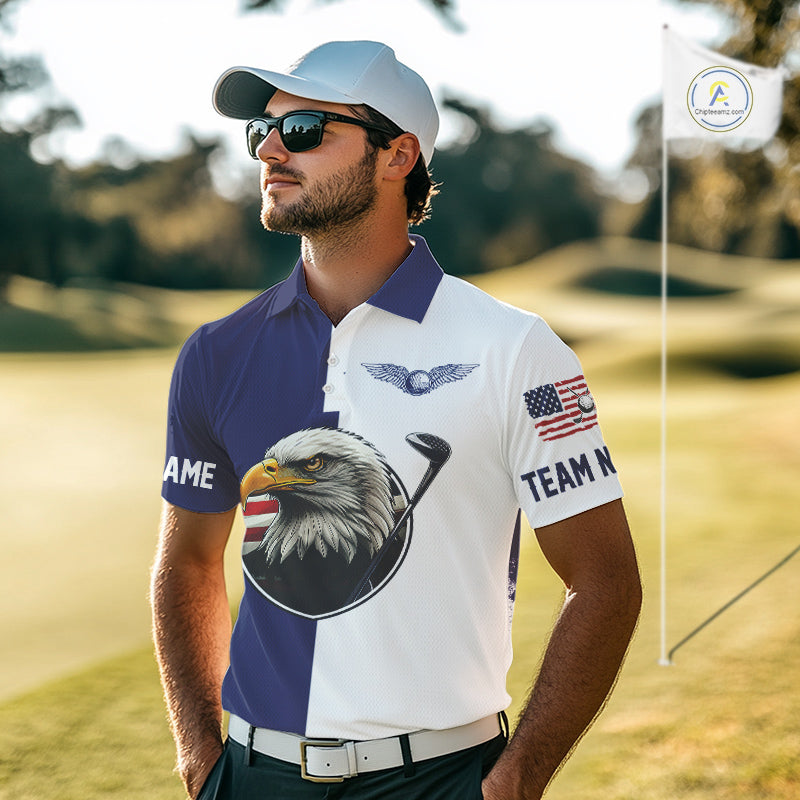 American Flag Eagle Golf Polo Shirts Custom Patriotic Eagle Blue & White Golf Attire
