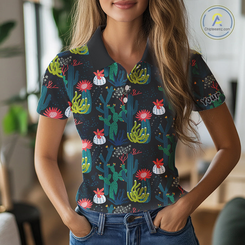 Funny Desert Cactus Pattern Golf Polo Shirts Custom Cactus Golf Shirt, Golfer Gift