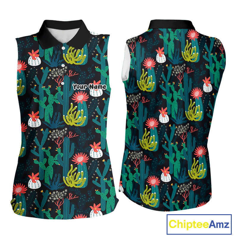 Funny Desert Cactus Pattern Sleeveless Golf Polo Shirts Custom Cactus Golf Shirt