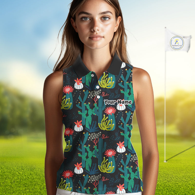Funny Desert Cactus Pattern Sleeveless Golf Polo Shirts Custom Cactus Golf Shirt