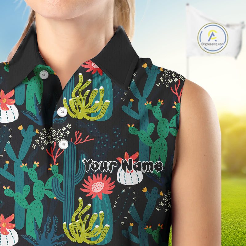 Funny Desert Cactus Pattern Sleeveless Golf Polo Shirts Custom Cactus Golf Shirt