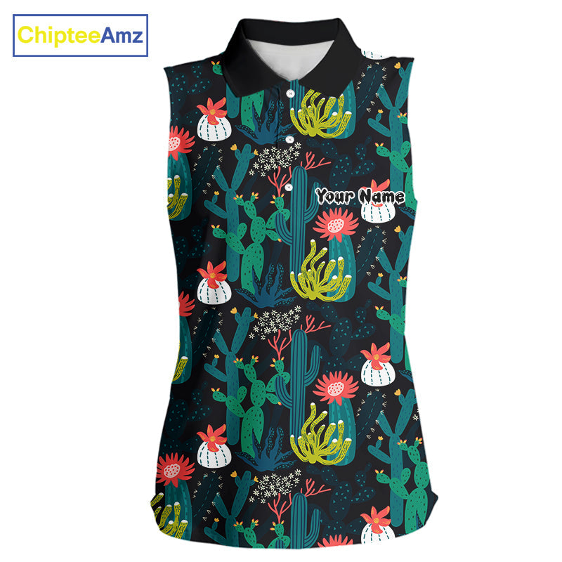 Funny Desert Cactus Pattern Sleeveless Golf Polo Shirts Custom Cactus Golf Shirt
