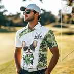 Green Tropical Pattern Golf Polo Shirts Custom Cute Bulldog Golf Tops, White Golf Outfit