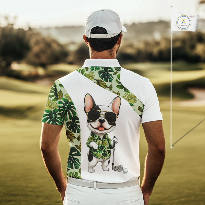 Green Tropical Pattern Golf Polo Shirts Custom Cute Bulldog Golf Tops, White Golf Outfit