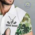 Green Tropical Pattern Golf Polo Shirts Custom Cute Bulldog Golf Tops, White Golf Outfit