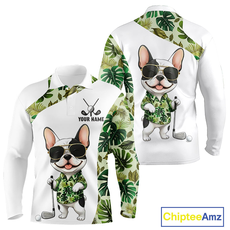 Green Tropical Pattern Long Sleeve Golf Polo Shirt Custom Cute Bulldog Golf Tops, White Golf Outfit