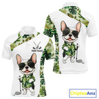 Green Tropical Pattern Golf Polo Shirts Custom Cute Bulldog Golf Tops, White Golf Outfit