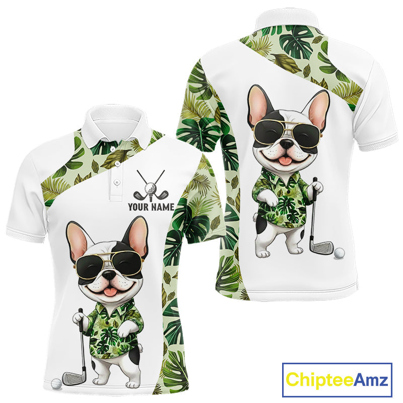 Green Tropical Pattern Golf Polo Shirts Custom Cute Bulldog Golf Tops, White Golf Outfit