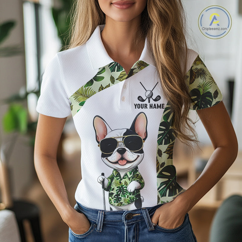 Green Tropical Pattern Golf Polo Shirts Custom Cute Bulldog Golf Tops, White Golf Outfit
