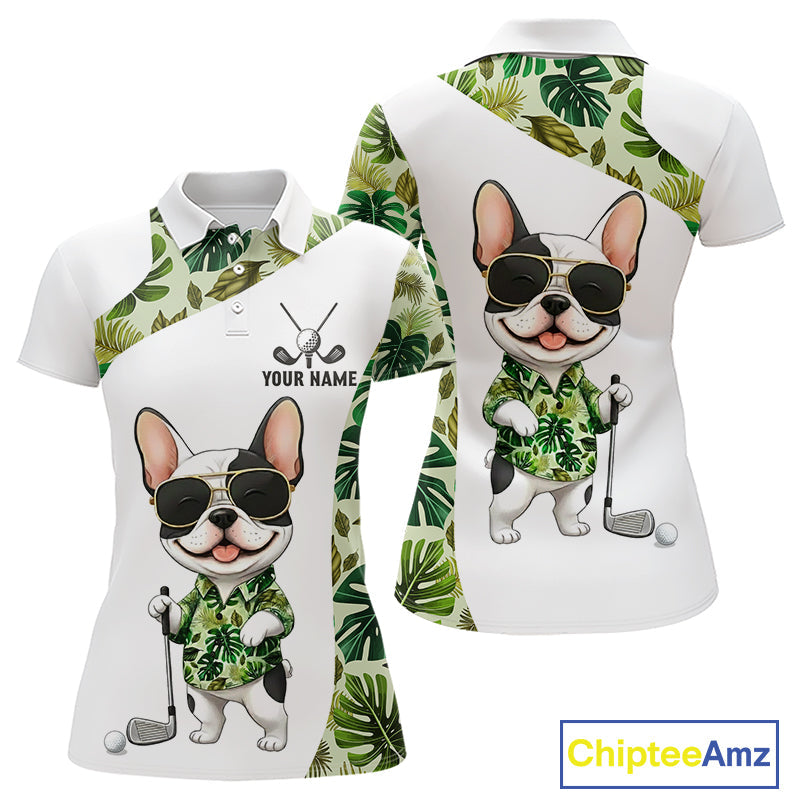 Green Tropical Pattern Golf Polo Shirts Custom Cute Bulldog Golf Tops, White Golf Outfit