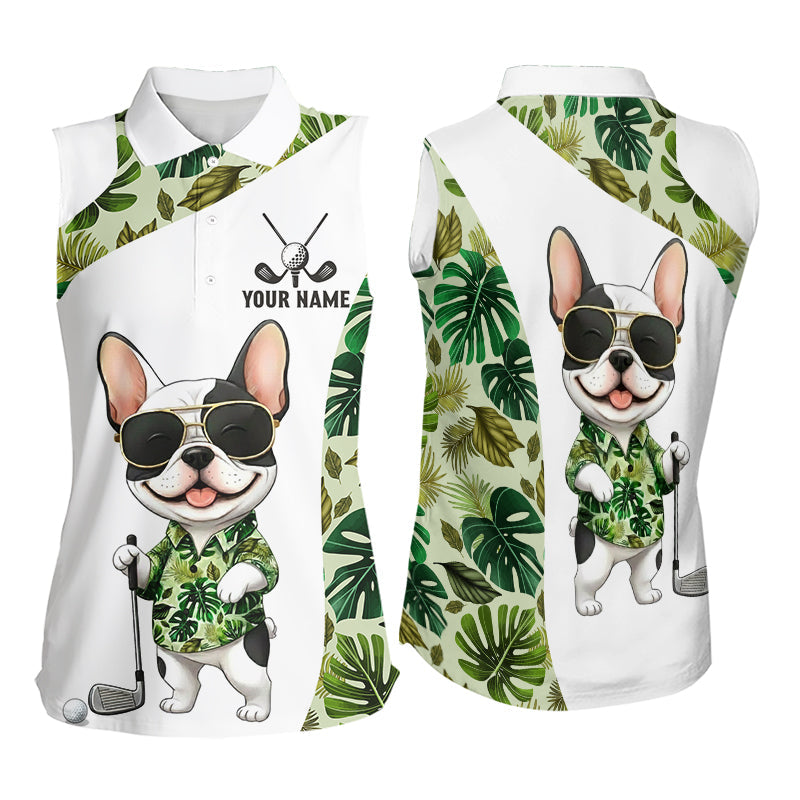 Green Tropical Sleeveless Golf Polo Shirt Custom Cute Bulldog Golf Tops, White Golf Outfit