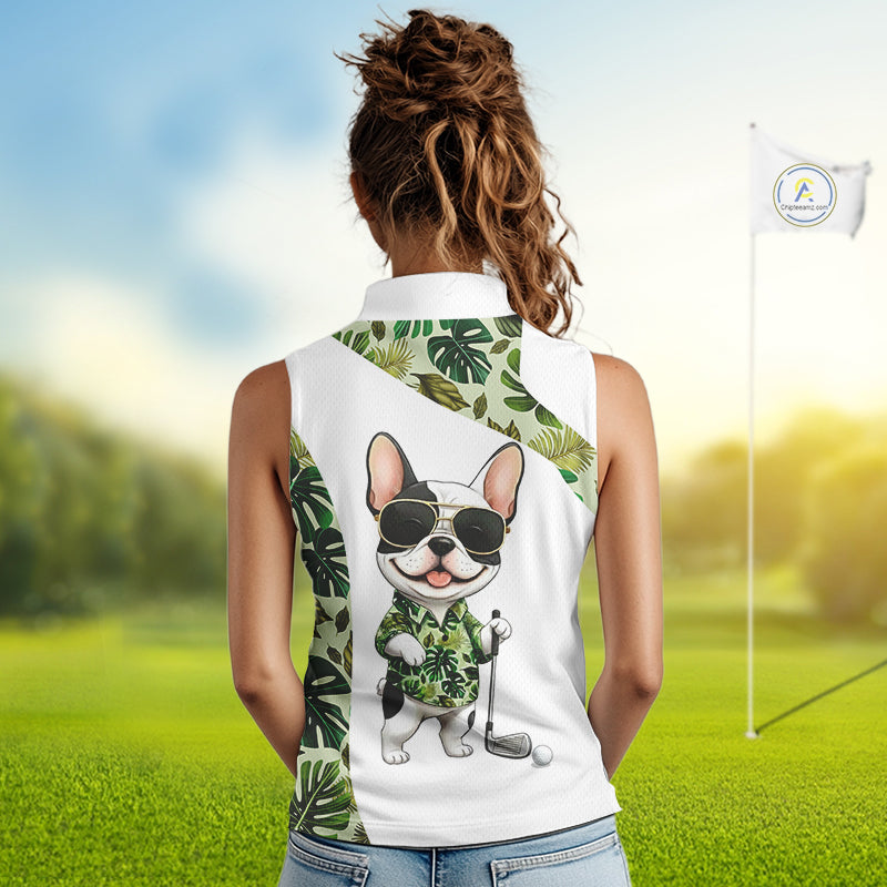 Green Tropical Sleeveless Golf Polo Shirt Custom Cute Bulldog Golf Tops, White Golf Outfit