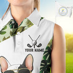 Green Tropical Sleeveless Golf Polo Shirt Custom Cute Bulldog Golf Tops, White Golf Outfit