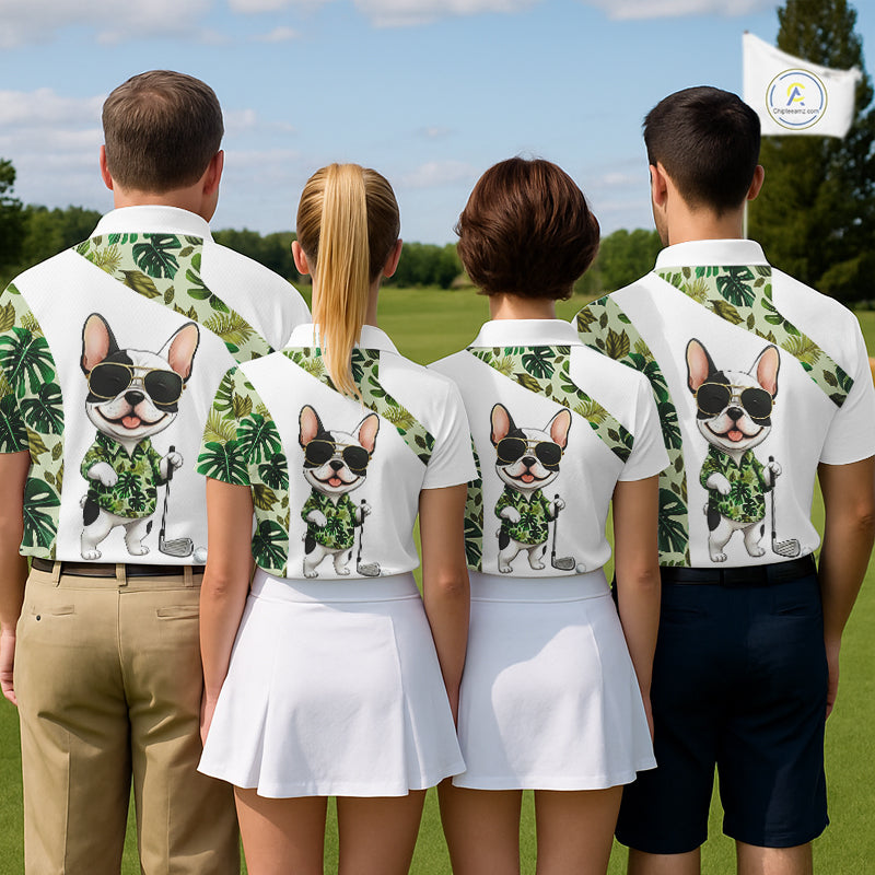 Green Tropical Pattern Golf Polo Shirts Custom Cute Bulldog Golf Tops, White Golf Outfit