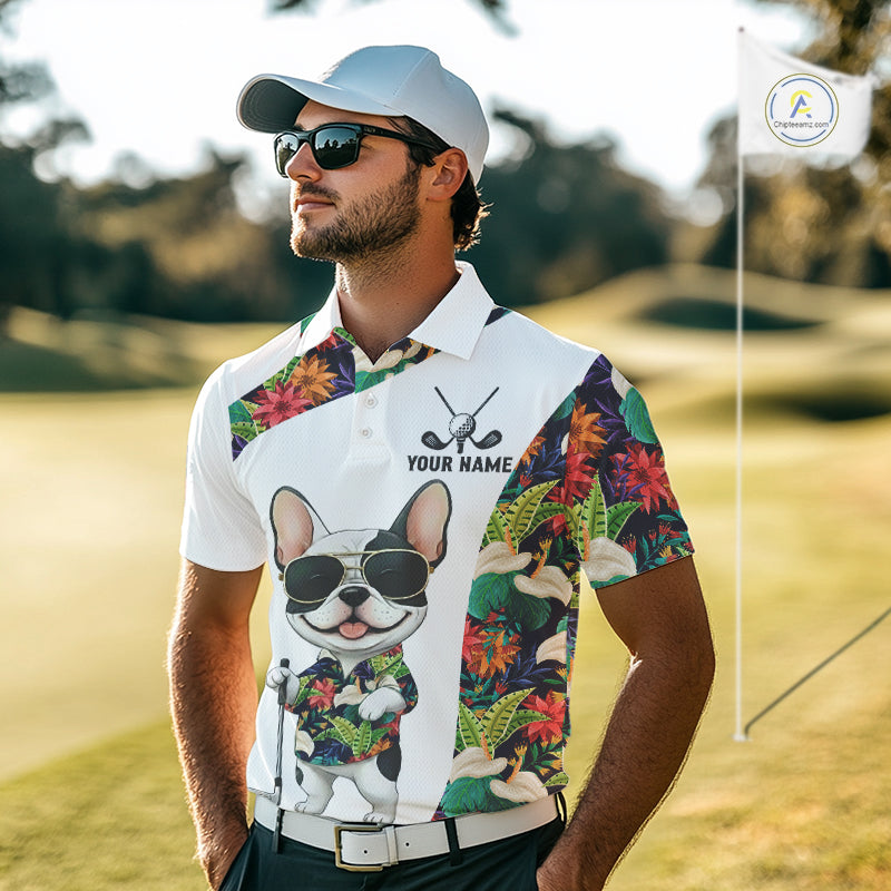 Funny Golf Polo Shirt Custom Tropical Leaf Pattern Personalized Bulldog Golf Shirts