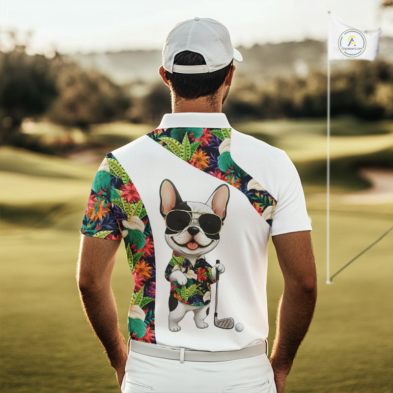 Funny Golf Polo Shirt Custom Tropical Leaf Pattern Personalized Bulldog Golf Shirts