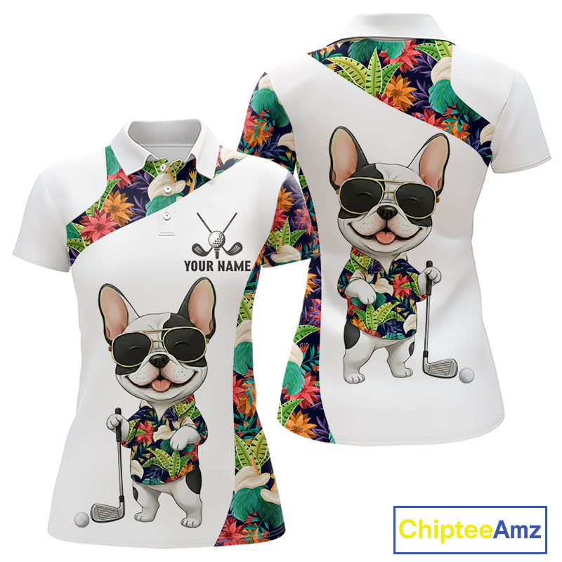 Funny Golf Polo Shirt Custom Tropical Leaf Pattern Personalized Bulldog Golf Shirts