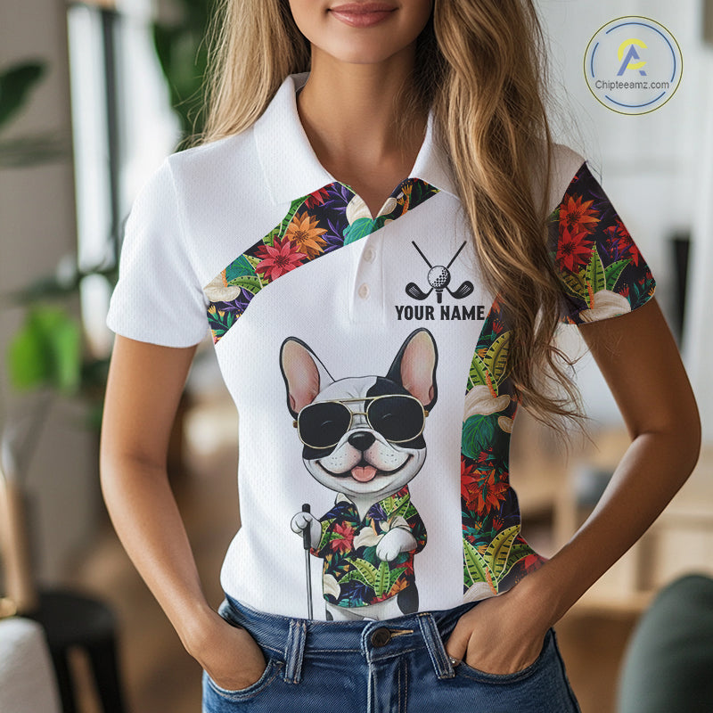 Funny Golf Polo Shirt Custom Tropical Leaf Pattern Personalized Bulldog Golf Shirts