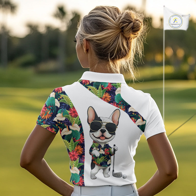 Funny Golf Polo Shirt Custom Tropical Leaf Pattern Personalized Bulldog Golf Shirts
