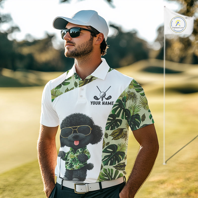 Funny Golf Polo Shirt Custom Tropical Leaf Pattern Personalized Poodle Dog Golf Shirts