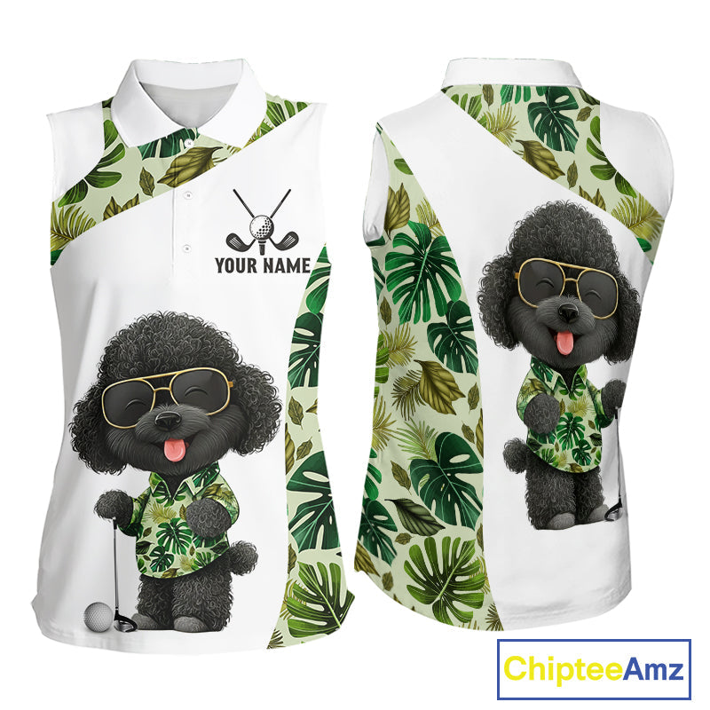 Funny Sleeveless Golf Polo Shirt Tropical Leaf Pattern Personalized Poodle Dog Golf Shirts